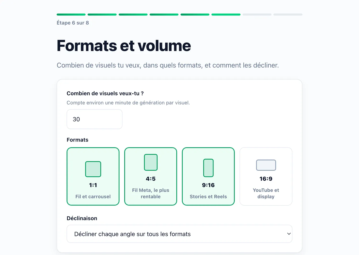 Écran de choix des formats et du volume