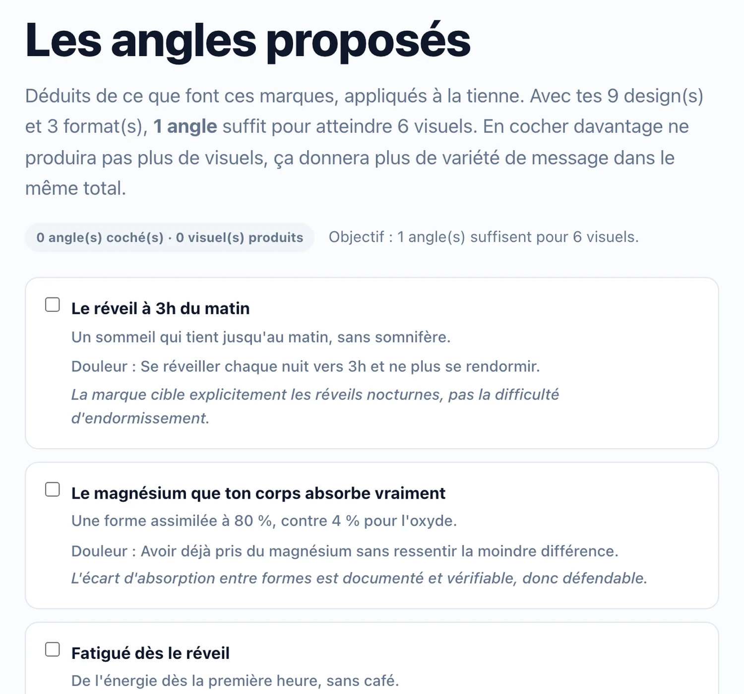 Écran des angles marketing proposés